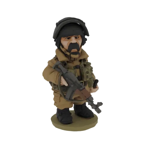 3D model render of a stylized, chubby soldier with a mustache, wearing a helmet and tactical vest, holding an AK-47 rifle.