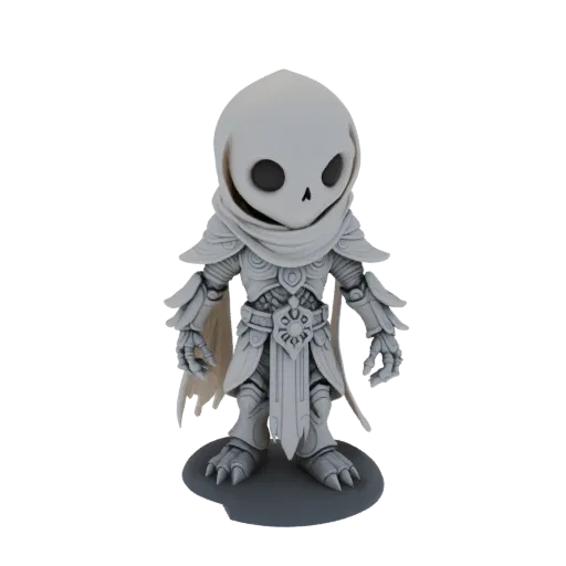 Rendu 3D d'une figurine Squelette Guerrier Chibi avec de grands yeux, une armure détaillée et une écharpe fluide, debout sur