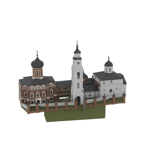 Modelo 3D de um complexo monástico ortodoxo com campanário branco, edifícios principais marrons e brancos e cúpulas escuras,