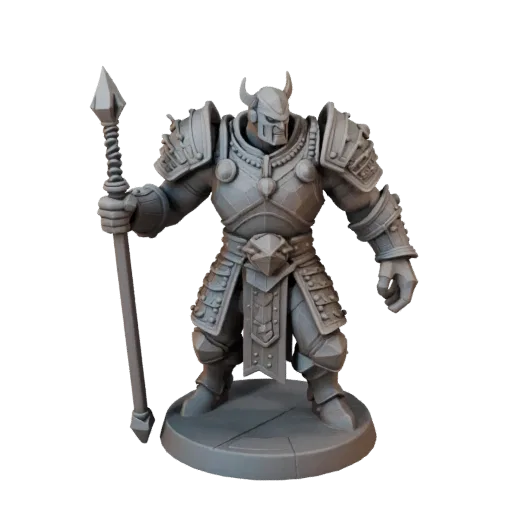 Monster Warrior Miniature low poly 3D model preview showing silhouette, three-quarter game view, pose and resin detail
