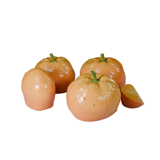 Market Orange 3D model, three-quarter front view, Unity viewport, showing skin pores, recognizable fruit forms.
