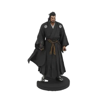 Modèle 3D d'un guerrier samouraï en kimono noir, tenant un katana, debout sur une base circulaire noire.