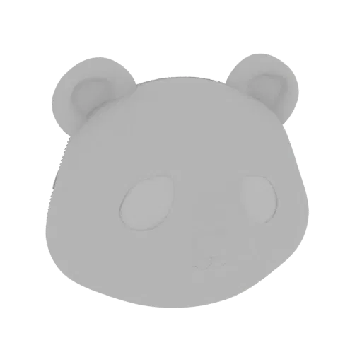 3D-Modell eines süßen, stilisierten Panda-Gesichts mit runden Augen und kleinem Mund, in neutralem Grau.