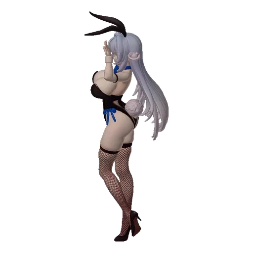 3D model of a bunny girl figure with long silver hair, wearing a black leotard with blue bows and fishnet stockings, posing p
