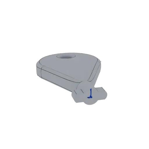 A 3D render of a futuristic key fob with a smooth grey finish, a circular opening, and an angular tab.