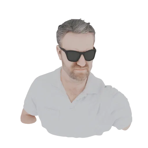 3D model of a man with graying hair and a beard, wearing dark sunglasses and a white polo shirt, looking slightly to the side