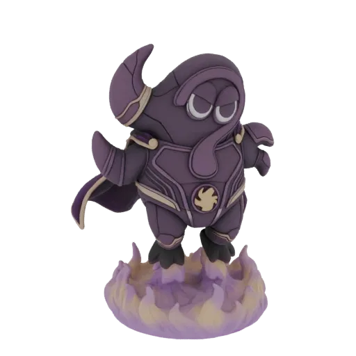 3D render of a purple warrior creature with horns, armor, cape, and a flame base, isolated on a white background.