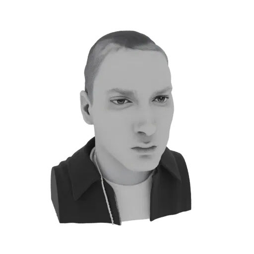 Grayscale 3D bust model of rapper Eminem, facing slightly to the side with a serious expression, wearing a jacket.
