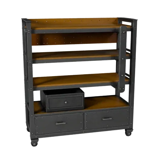 Industrial Parts Rack Stylized 3D model, stylized isometric render, showing steel frames, stable fixtures.