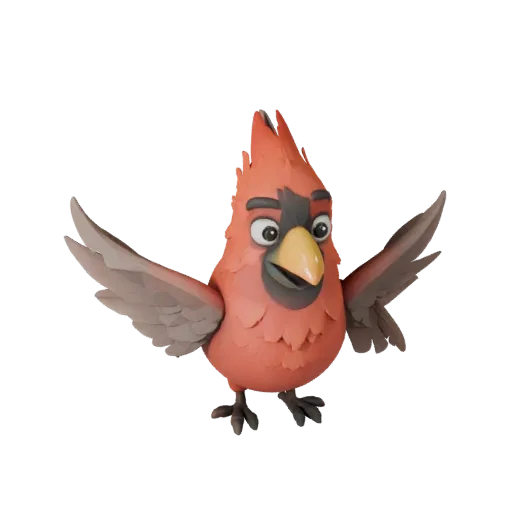 Cartoon Kardinal 3D-Modell, Seitenansicht Wildtier-Rendering, stilisiertes Tier-Asset mit Schwanzfächer-Aufteilung, Schnabelm