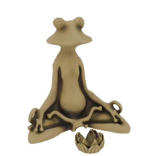 A 3D render of a beige-colored frog statue meditating in a lotus pose, with a small lotus flower at its base, against a white