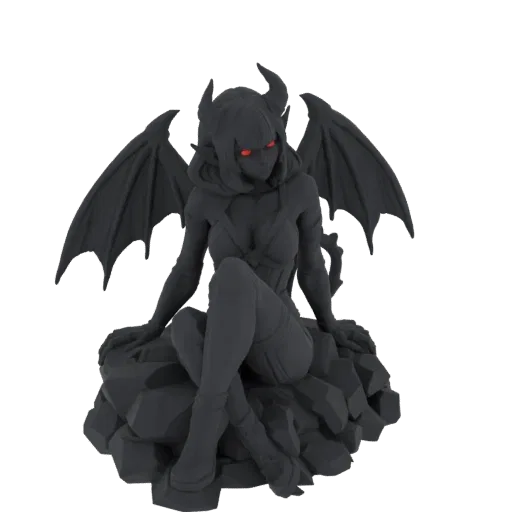 3D model of a dark succubus with bat wings sitting on rocks, featuring glowing red eyes and detailed gothic attire.