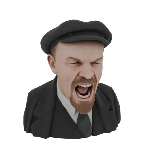 3D model render of a furious Vladimir Lenin bust, with mouth open in a shout and eyes scrunched.