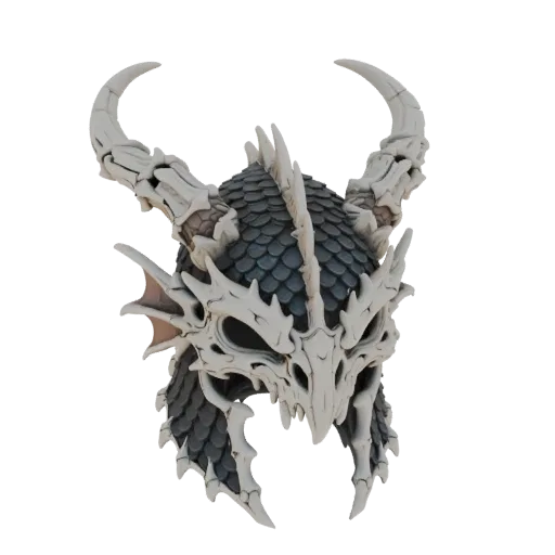 A 3D render of a dragon skull helmet with detailed bone features and dark scale armor, presented on a white background.
