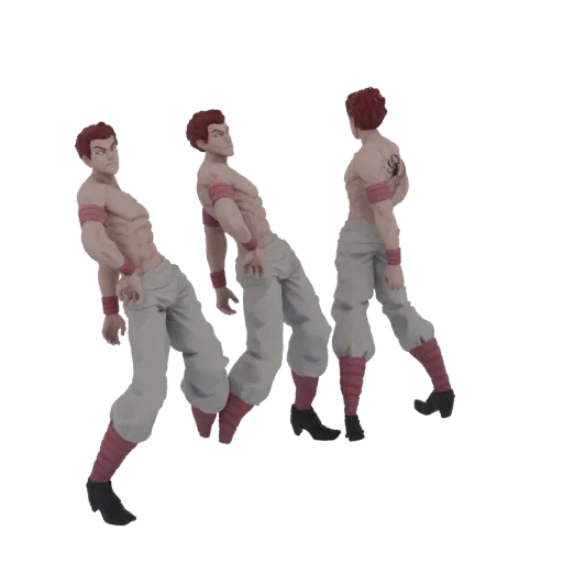 Un modelo 3D de una figura masculina musculosa con brazaletes y tobilleras rojas, mostrada en una pose dinámica y lista para