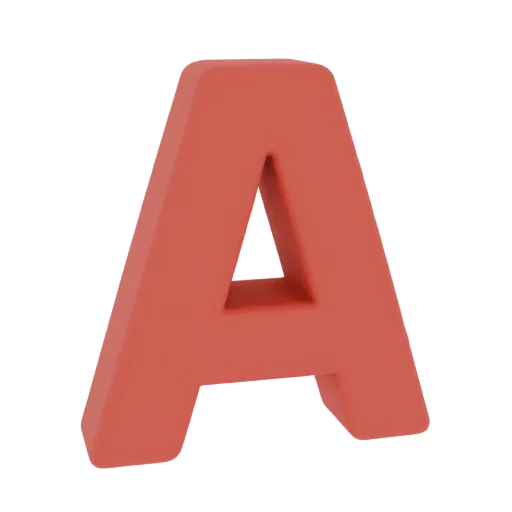 3D model of a red letter A with a smooth surface and sharp edges, on a white background.