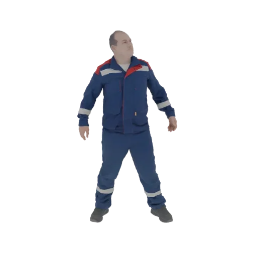 3D model of a man wearing blue work overalls with red and white accents, standing in a neutral pose and looking upwards.