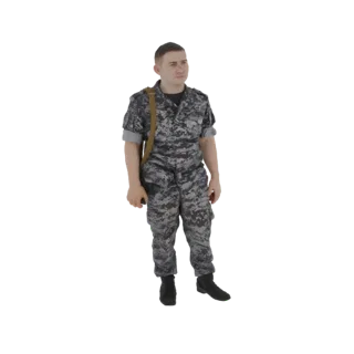 نموذج ثلاثي الأبعاد لجندي ذكر بزي مموه رقمي وحقيبة كتف، واقف وينظر إلى الجانب.