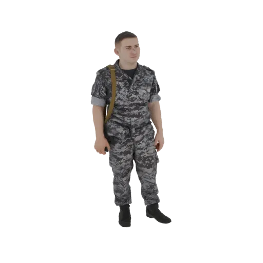 Modello 3D di un soldato maschile in uniforme mimetica digitale con borsa a tracolla, in piedi e guardando di lato.