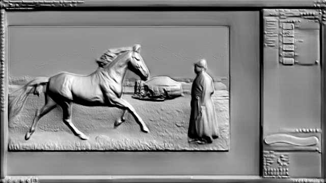 Modello 3D di bassorilievo "Incontro alla iurta" con cavallo, cavaliere e iurta, realizzato in stile bassorilievo.