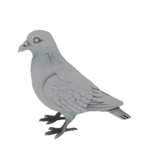 Um modelo 3D realista de um pombo cinza em pé, visto de lado.