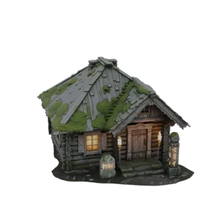 3D model of an ancient Slavic log cabin with a mossy roof, glowing lanterns, and a rune stone in front.