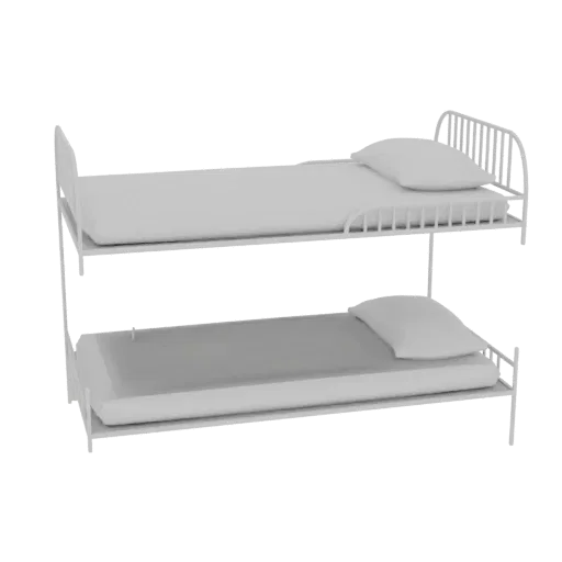 3D model of a white metal bunk bed with two mattresses and pillows, shown against a black background.