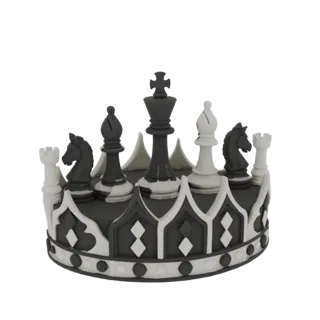 Modelo 3D de corona de rey de ajedrez en blanco y negro rodeada de piezas de ajedrez