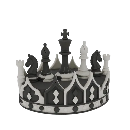 Modello 3D di corona del re degli scacchi in bianco e nero circondata da pezzi degli scacchi