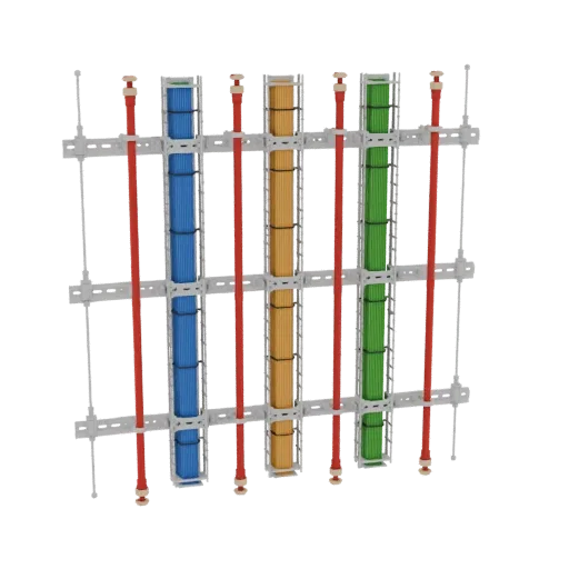 3D model of an industrial cable management system with blue, orange, and green conduits, red pipes, and grey mounting hardwar