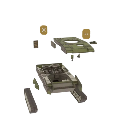 3D model of a military tank shown in an exploded view, with components separated.