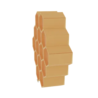 Renderização 3D de uma estrutura natural de colmeia com células hexagonais, renderizada em um tom âmbar quente.