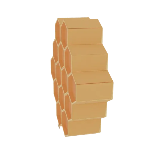 Render 3D de una estructura natural de panal con celdas hexagonales, renderizado en un cálido color ámbar.