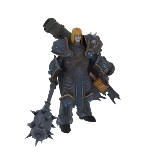 3D model of a fantasy warrior in dark, detailed armor, holding a spiked flail and carrying a cannon on its back, with blonde