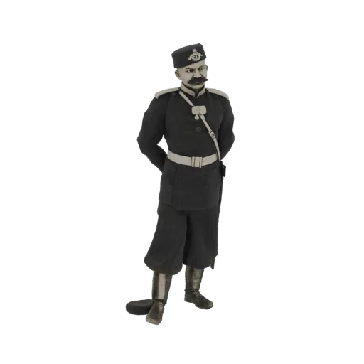 3D model of a Victorian military officer in uniform, standing with hands behind back, wearing a peaked cap and tall boots.