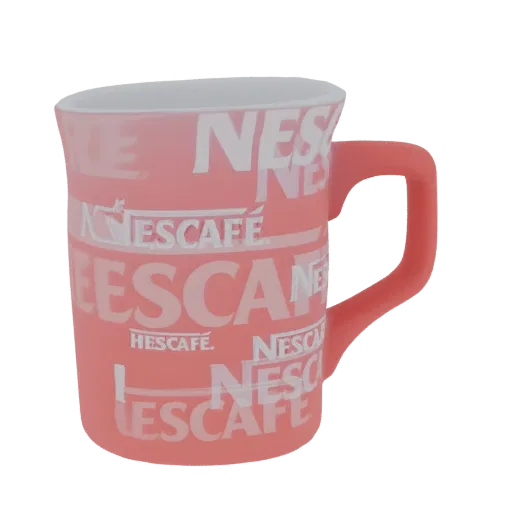 3D model of a pink Nescafé patterned mug with a white interior and a pink handle.