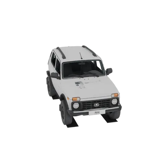 A 3D model render of a white Lada Niva 4x4 SUV, viewed from a slightly elevated angle, showcasing its rugged exterior details