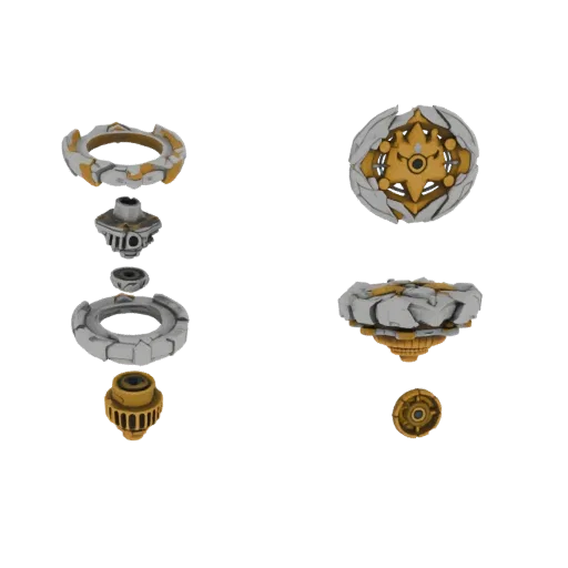 Exploded view 3D model of a Beyblade-style spinning top, showing individual parts in gold and grey arranged in layers.