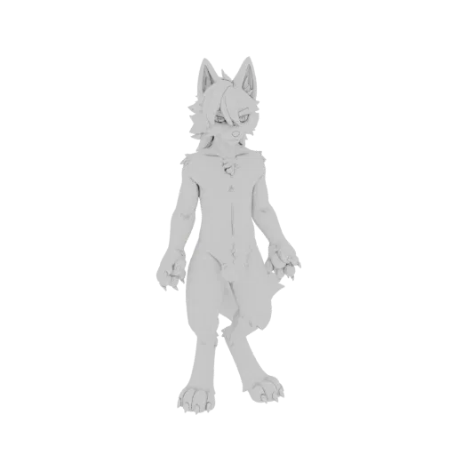 Rendu 3D d'un personnage loup anthro debout avec des oreilles pointues, un museau et une queue, présenté sur fond blanc.