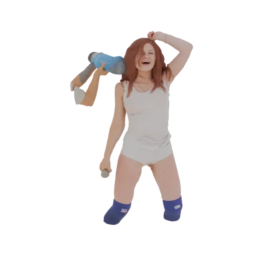 3D-Modell einer Frau mit roten Haaren, weißem Tanktop und Shorts, blauen Socken, die eine Puppe und ein Mikrofon hält.