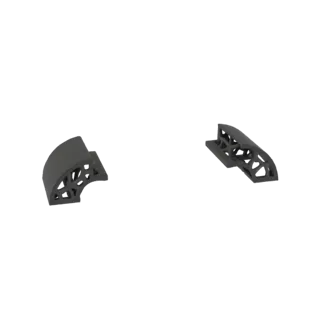 Dois modelos 3D distintos de cantoneiras geométricas em treliça, uma com curva côncava e outra com curva convexa, sobre fundo