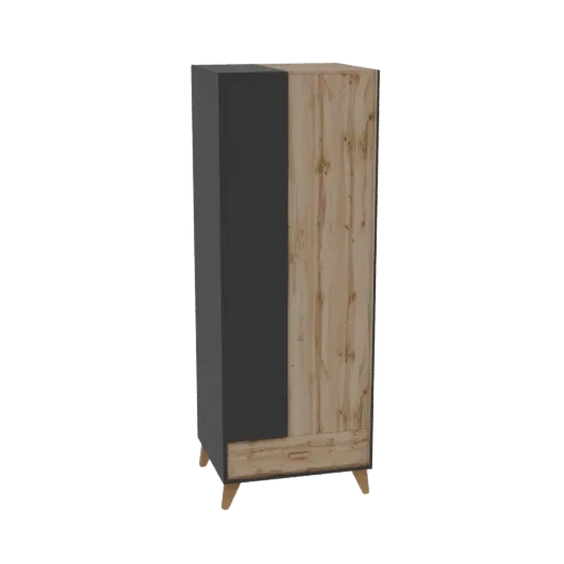 3D model of a modern wardrobe with a dark grey door and a wood-effect finish, featuring a drawer and tapered legs.