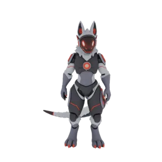 3D model of a cybernetic canine warrior with a gray and black suit, red glowing accents, and a helmet-like visor.