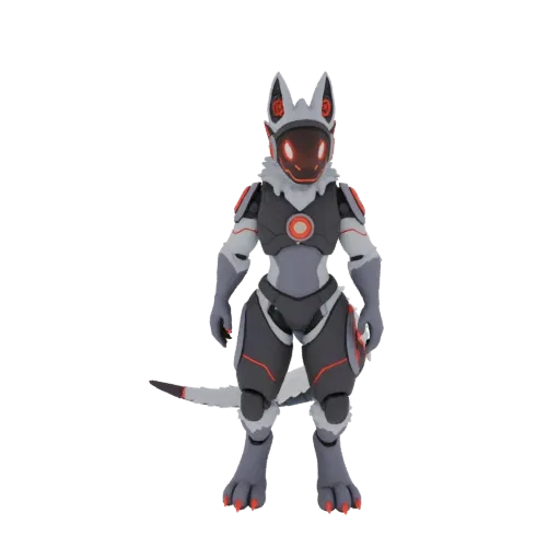 3D model of a cybernetic canine warrior with a gray and black suit, red glowing accents, and a helmet-like visor.
