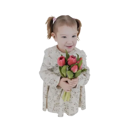 Modello 3D di una giovane ragazza sorridente con codini che tiene un bouquet di tulipani rossi, indossa un vestito floreale.