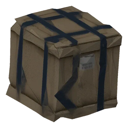 A 3D render of a worn, tattered cardboard crate with dark straps, presented against a white background.