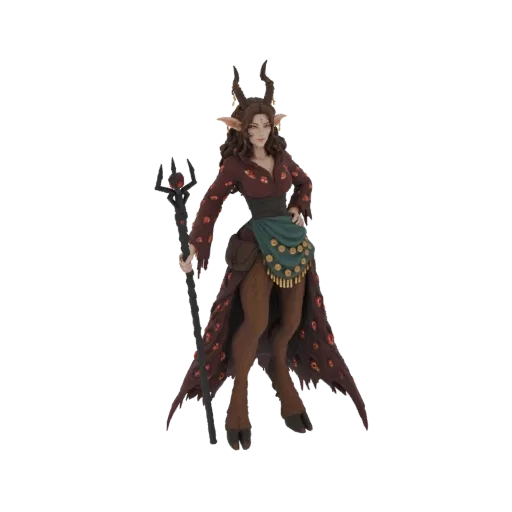 3D model of a female satyr sorceress with goat legs, wearing ornate robes and holding a magical staff.