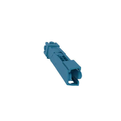Un rendu 3D d'un outil connecteur fibre optique bleu, montrant sa conception complexe et sa couleur bleue.
