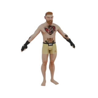 Modelo 3D de un luchador de MMA masculino con tatuajes y pantalones cortos amarillos de UFC, de pie en pose neutral.