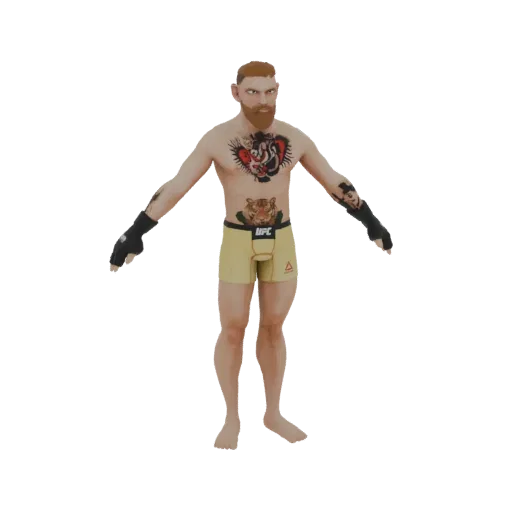 3D model of a male MMA fighter with tattoos and yellow UFC shorts, standing in a neutral pose.
